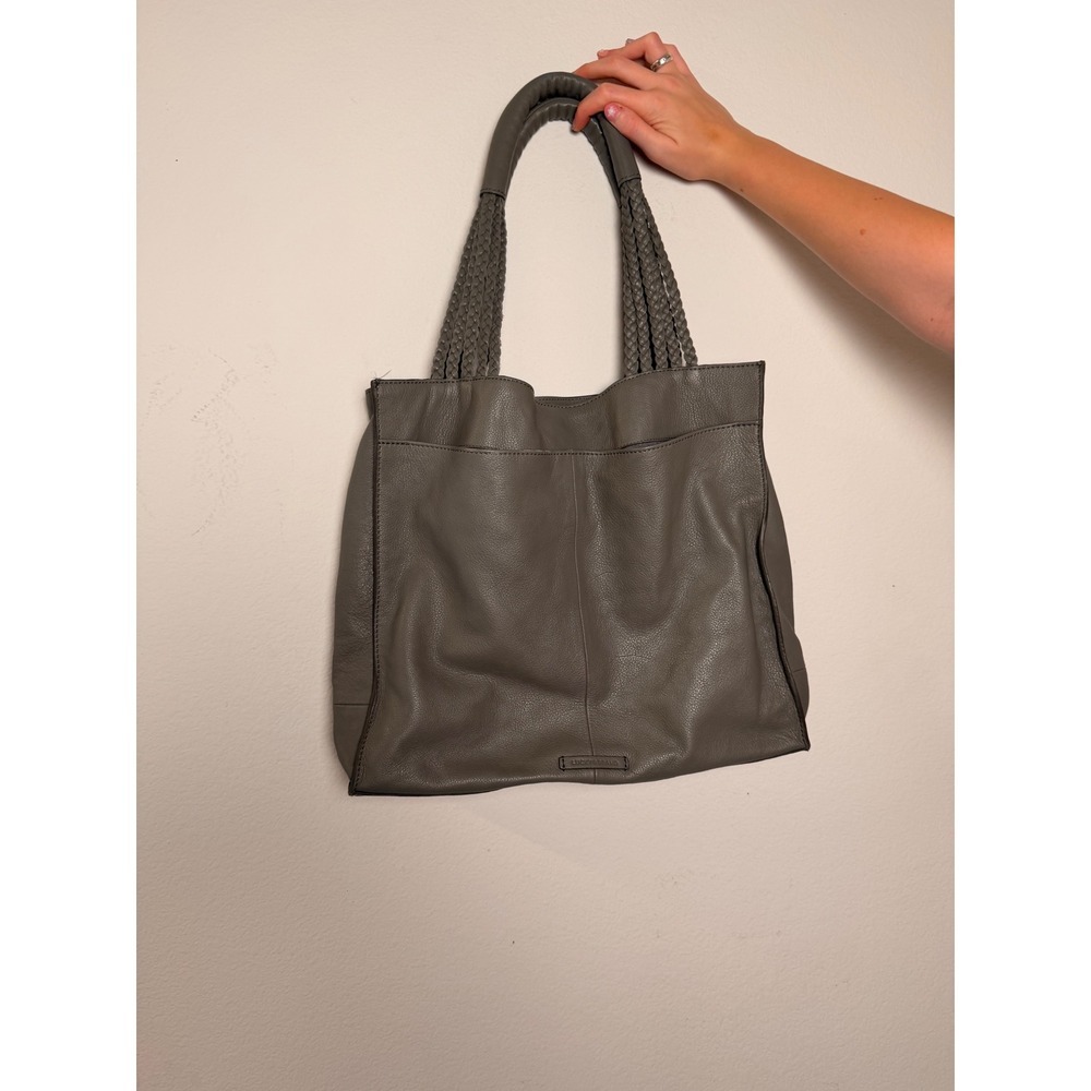 Lucky Brand Grey Leather Tote Bag Braided Straps Woven Detail Boho Shoulder Bag